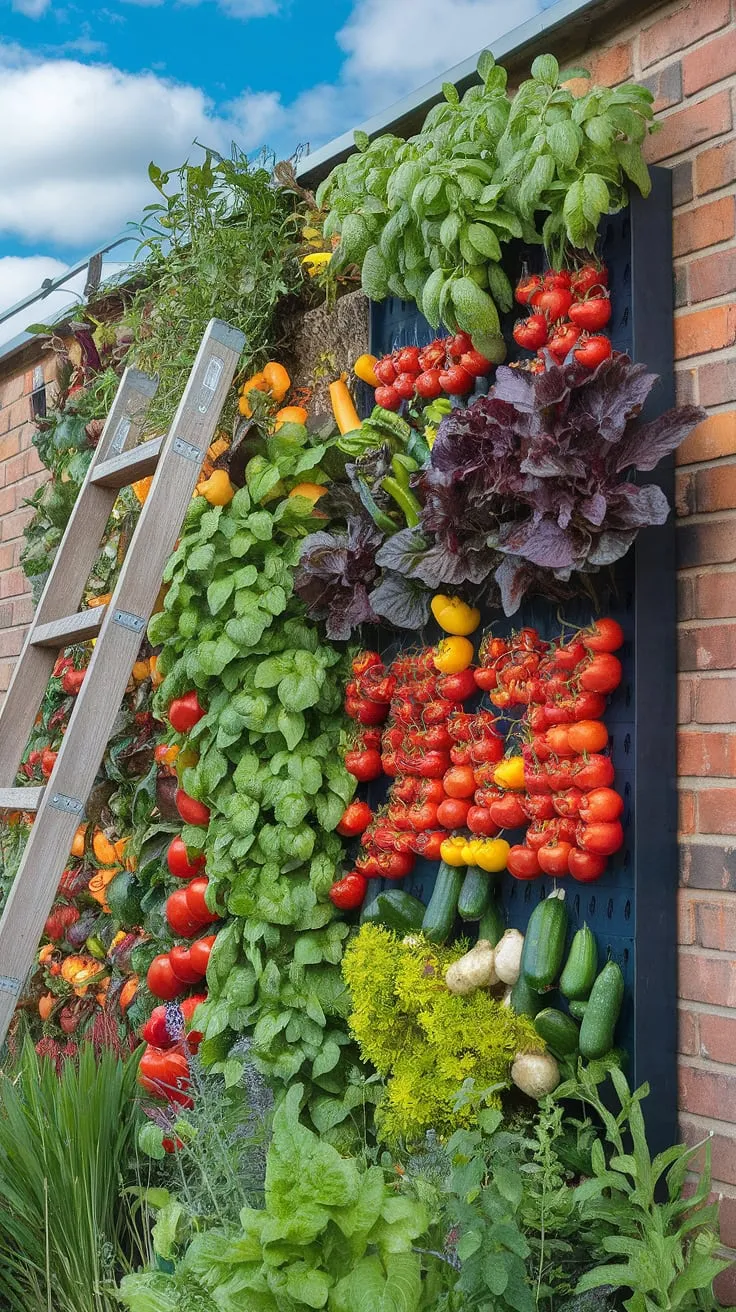 A vibrant vertical garden bursting with tomatoes, peppers, cucumbers, and herbs climbs a brick wall against a sunny sky