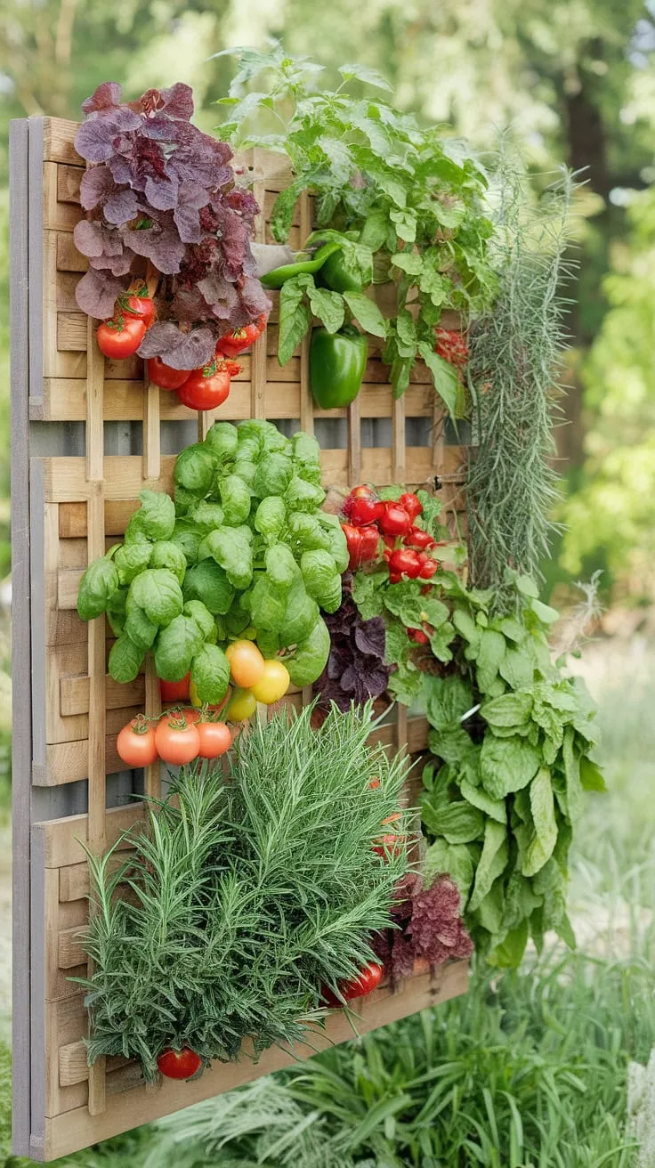 Wall-mounted wooden trellises support a flourishing array of vegetables and herbs in a peaceful outdoor scene.