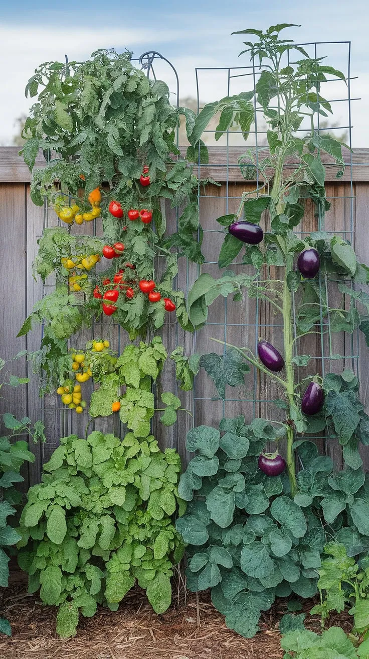 A vertical garden bursts with tomatoes, peppers, eggplants, and leafy greens, a testament to efficient gardening.