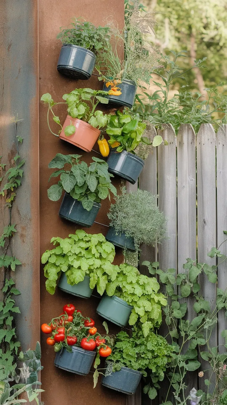A vibrant vertical garden spirals upward, showcasing a colorful array of tomatoes, peppers, and herbs against a wooden fence