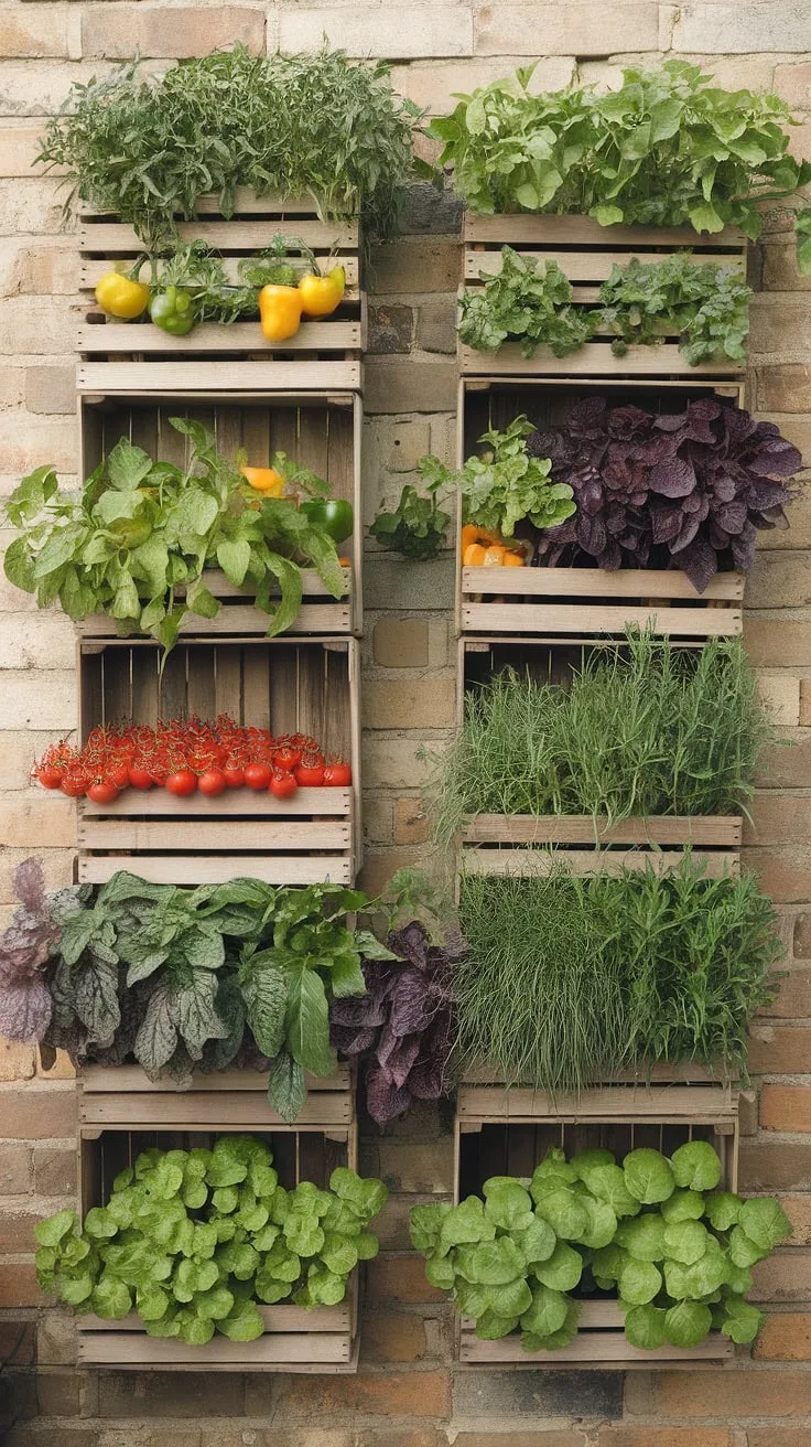 A thriving vertical garden of diverse vegetables flourishes in stacked wooden crates against a brick wall.