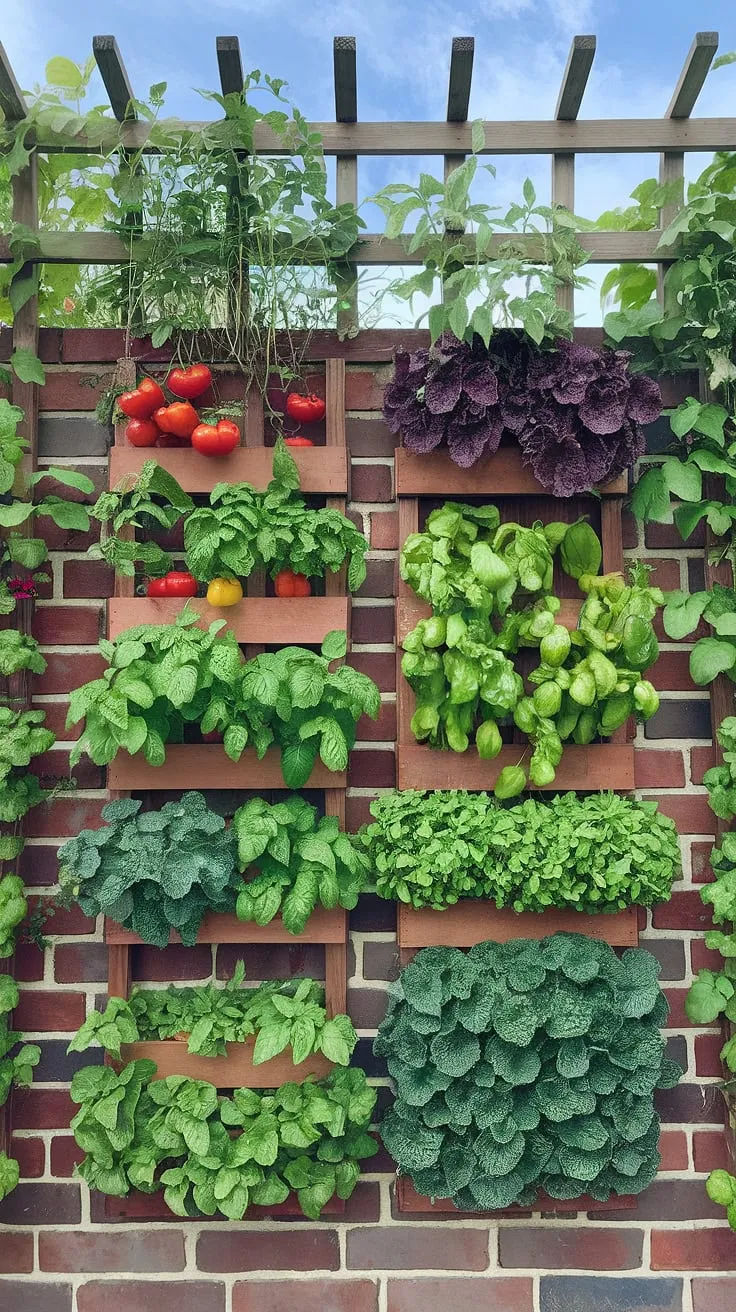 Tomatoes, peppers, basil, and mint flourish in a meticulously designed vertical garden, climbing a wooden trellis against a backdrop of blue sky.
