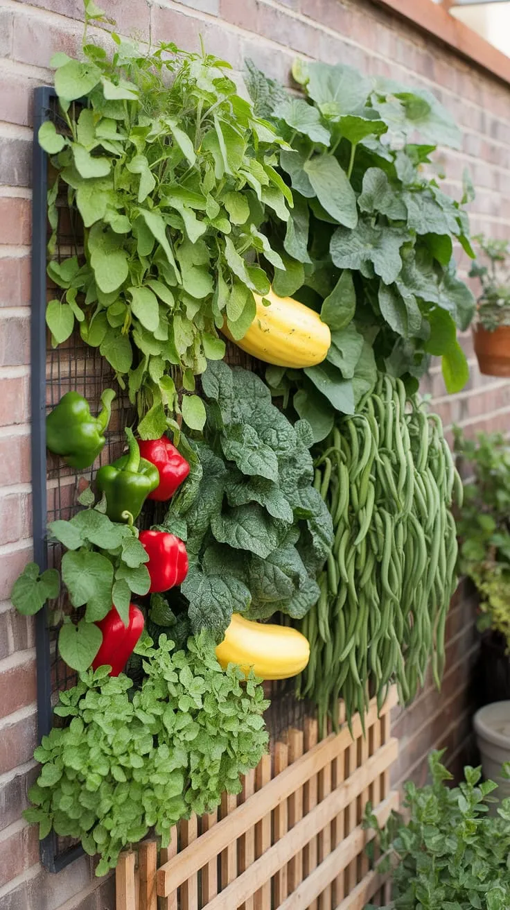 A brick wall transforms into a thriving ecosystem, its surface adorned with a diverse bounty of edible plants.