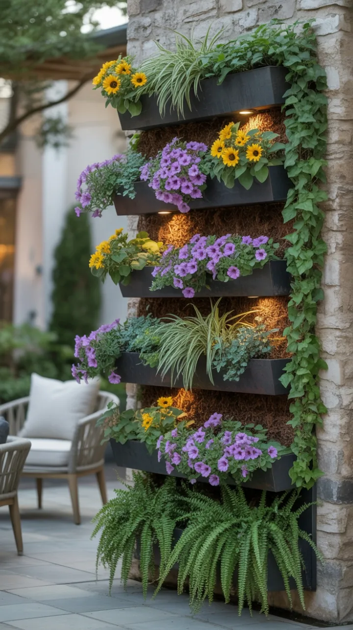 Sunlit Cascade of Petunias and Sunflowers on a Weathered Stone Wall