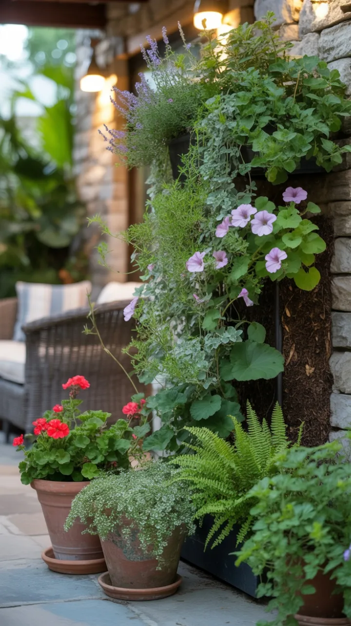 Sunlit Vertical Garden Oasis of Blooms and Terracotta