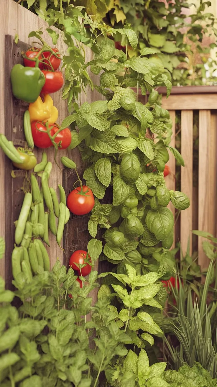 A sun-drenched vertical garden bursts with tomatoes, peppers, beans, basil, and mint against a rustic wooden fence.
