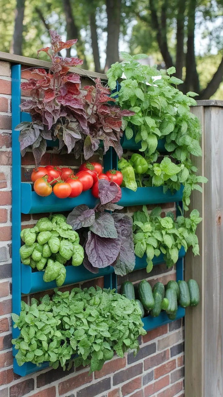 Sunlit tomatoes, peppers, cucumbers, basil, and mint thrive in a vertical garden against a brick wall.