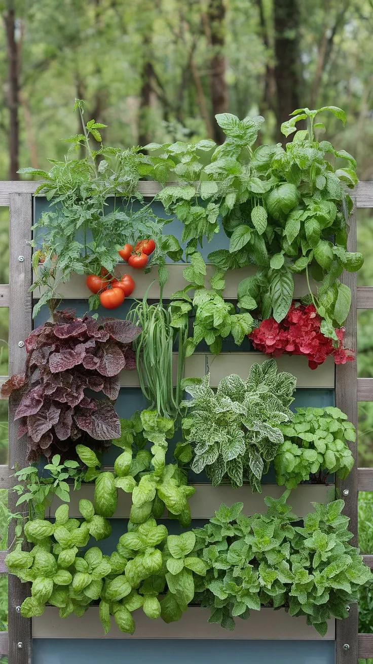 A wooden-framed vertical garden bursts with tomatoes, peppers, basil, and mint against a verdant forest backdrop.