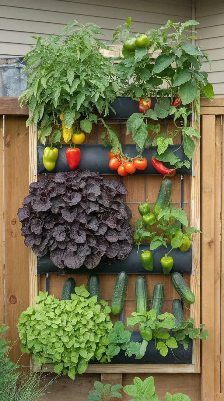 A multi-tiered wooden vertical garden thrives on a house wall, showcasing a bountiful harvest of tomatoes, peppers, and cucumbers.