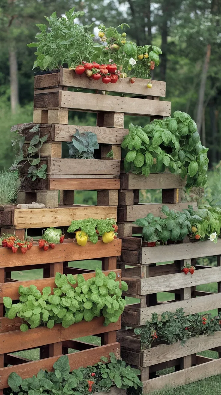 A lush forest backdrop enhances a stunning vertical garden crafted from wooden pallets, overflowing with tomatoes, peppers, strawberries, and basil.