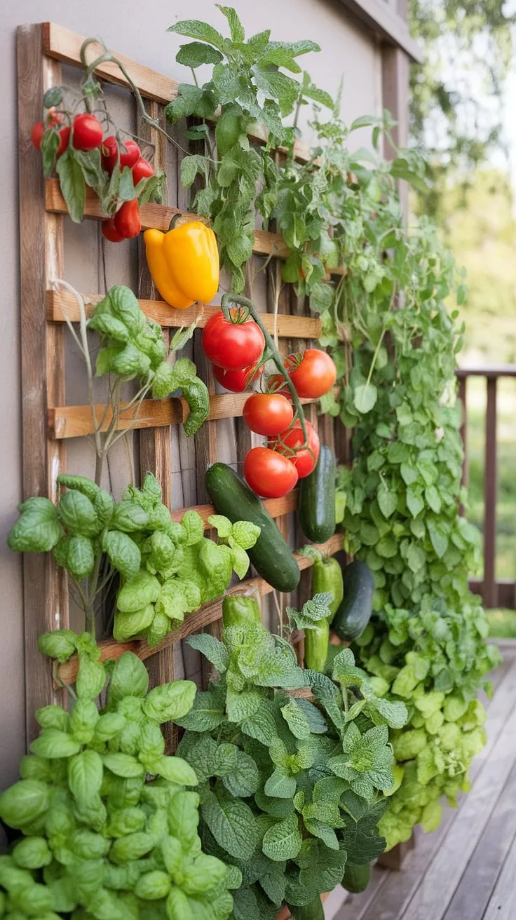 A vibrant vertical garden thrives against a tranquil backdrop, showcasing a bounty of tomatoes, peppers, cucumbers, basil, and mint.