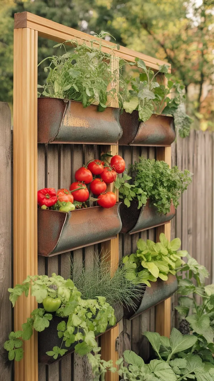 Sunlight bathes a wall-mounted vegetable garden overflowing with colorful produce and fragrant herbs.