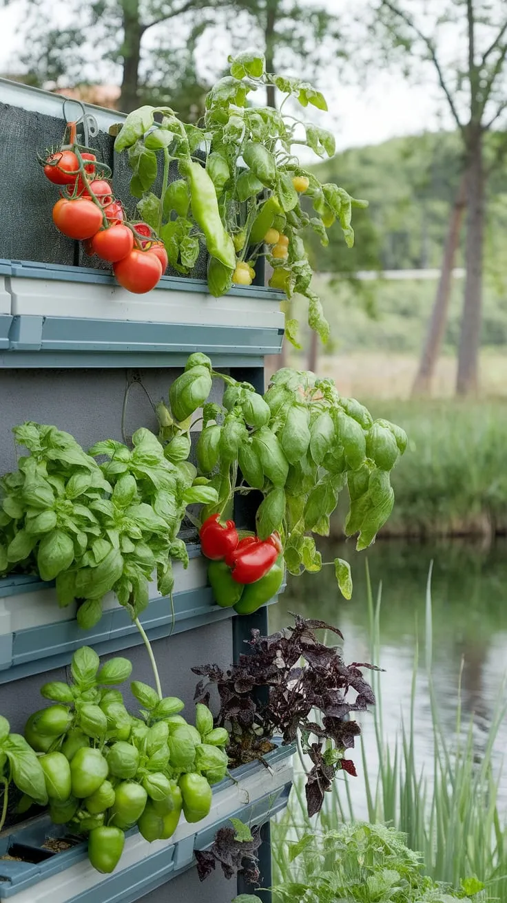 Vertical gardening maximizes space and yields a vibrant harvest of tomatoes, peppers, and herbs against a tranquil backdrop
