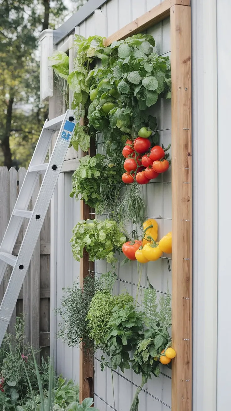 A vibrant vertical garden, brimming with tomatoes, peppers, and herbs, climbs a white-framed wall against a backdrop of nature
