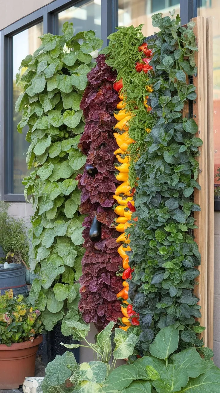 A wooden-framed wall garden bursts with colorful vegetables, showcasing a thriving urban farming solution.