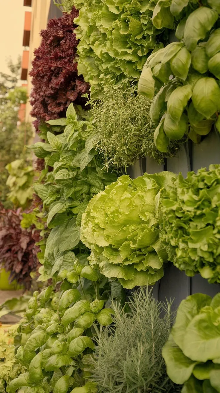A sun-drenched wall bursts with a lush vertical garden of lettuce, spinach, kale, basil, oregano, and rosemary.