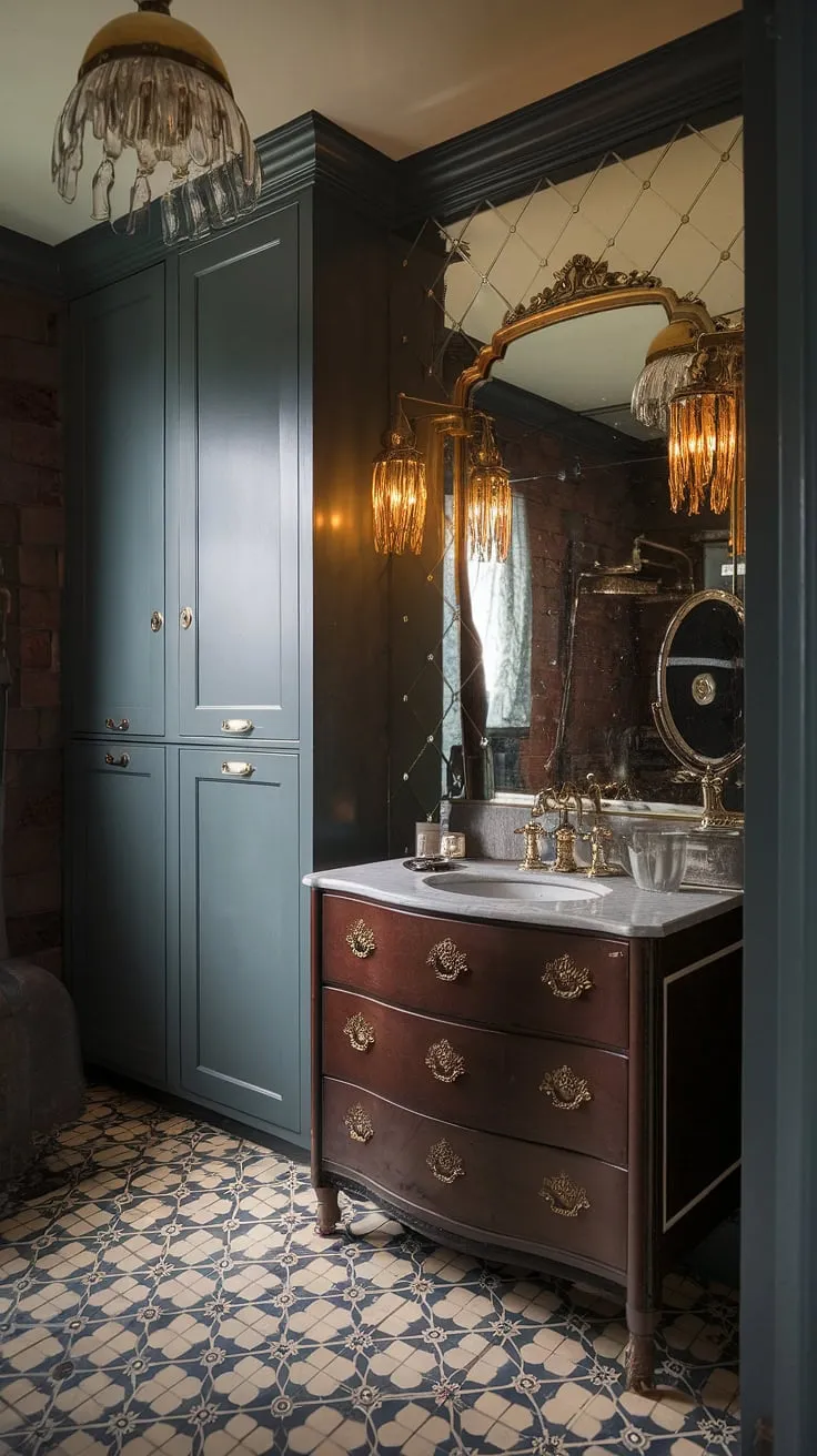 A Gilded Age-inspired Victorian bathroom boasts vintage fixtures, moody cabinetry, and patterned floors for a luxurious speakeasy vibe.