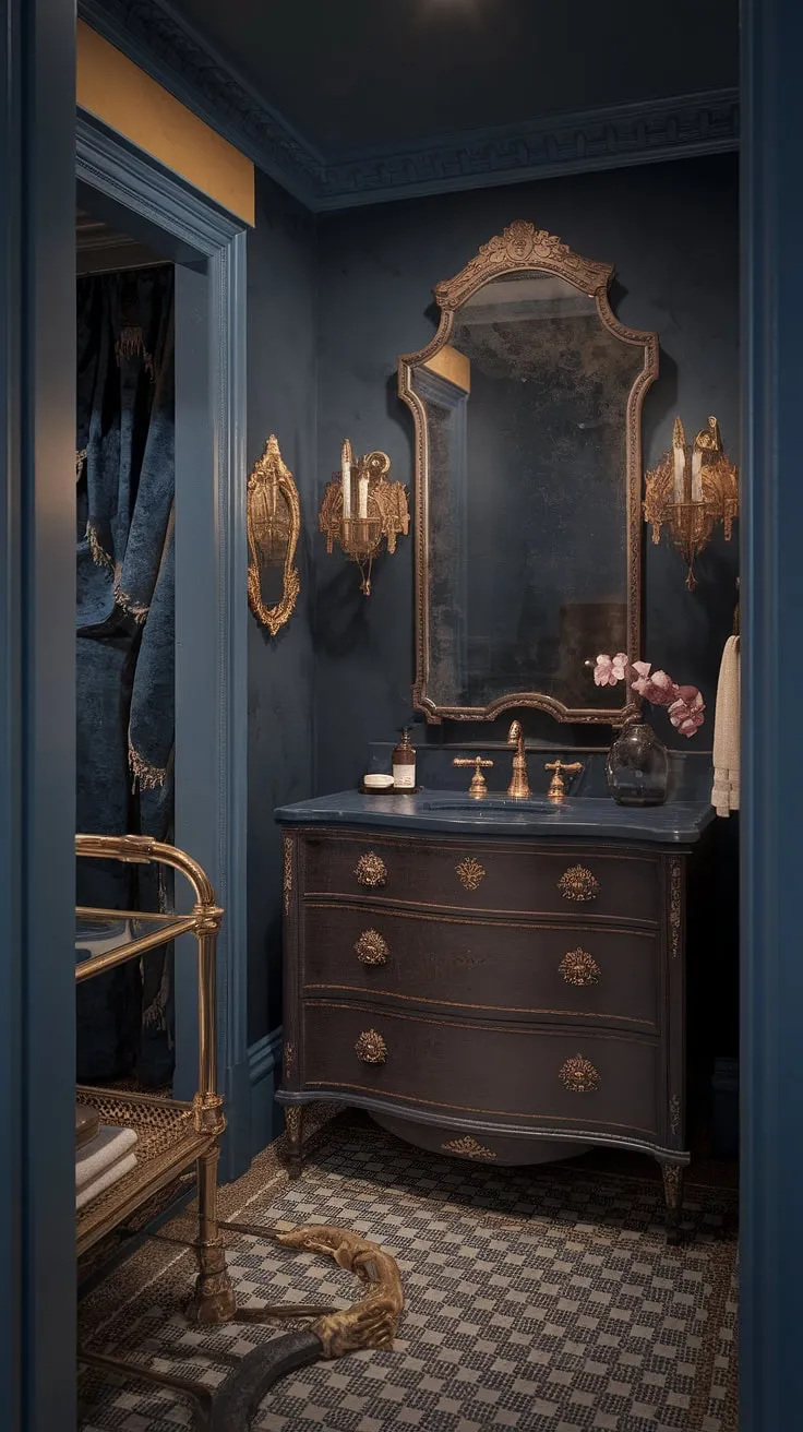 A moody dark-blue Victorian bathroom, complete with gilded fixtures and patterned floors, evokes the opulent glamour of the Gilded Age.