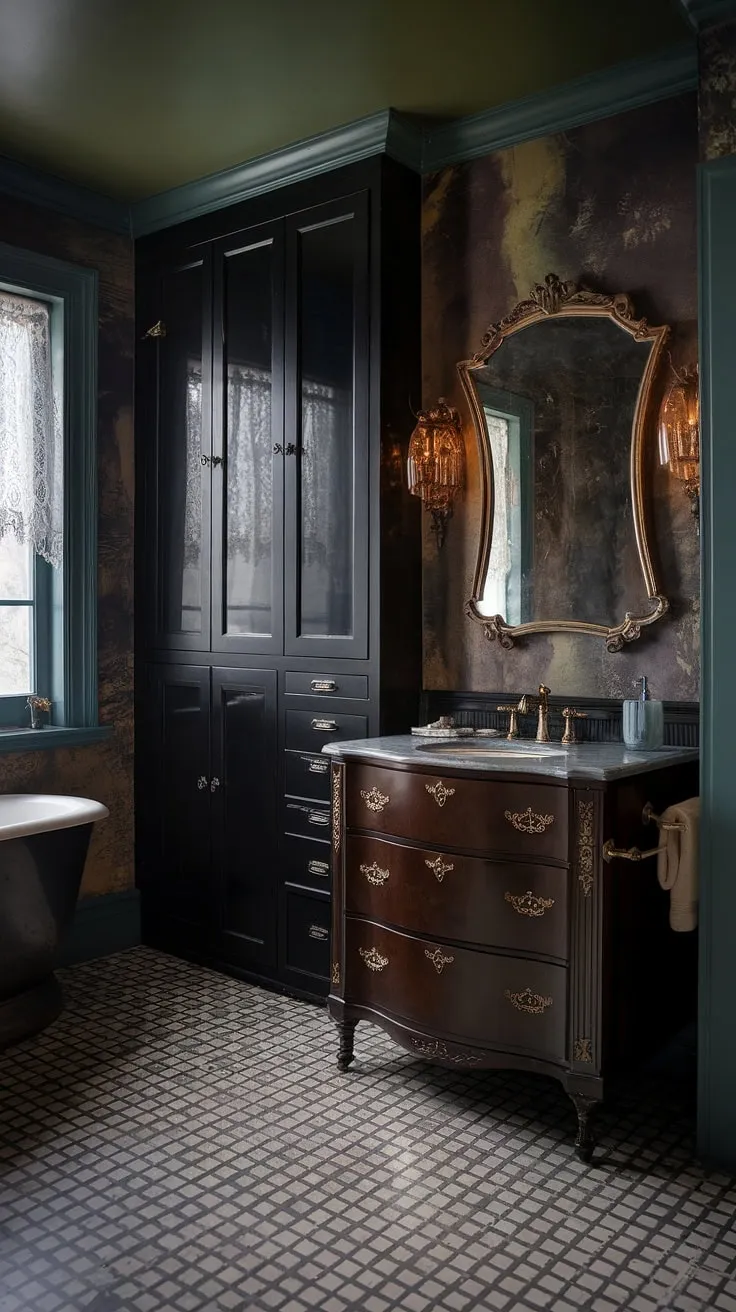 A moody 1930s-inspired bathroom exudes Gilded Age elegance with dark cabinetry, brass fixtures, and patterned floors