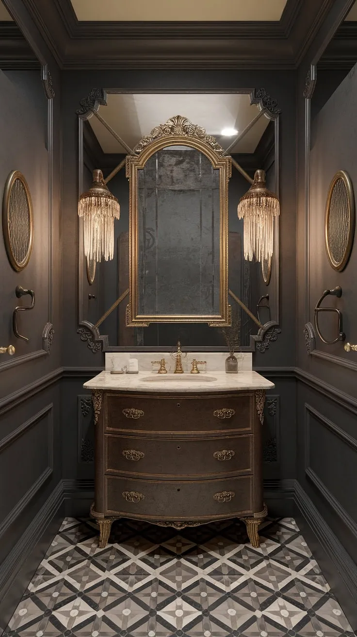 Opulent Victorian bathroom design evokes the Gilded Age with vintage brass fixtures and a darkly elegant aesthetic.
