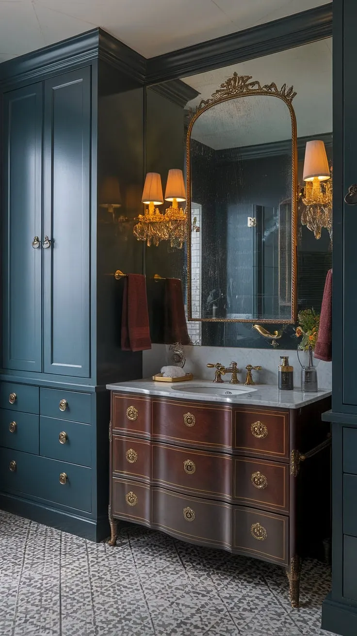 A gilded-age speakeasy vibe infuses this Victorian bathroom, its brass and gold fixtures complemented by moody cabinets and a patterned floor.