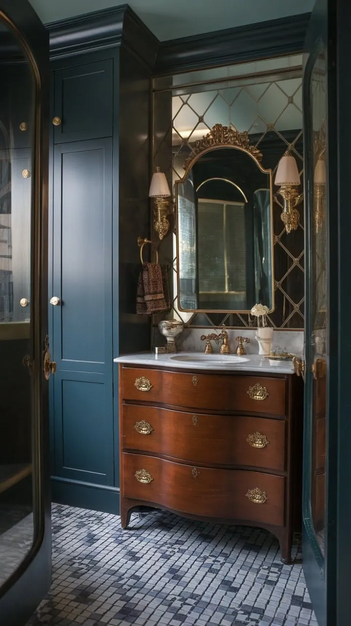 Enter a lavish 1930s speakeasy bathroom, where ornate mirrors and golden accents create an enchanting atmosphere of hidden opulence.