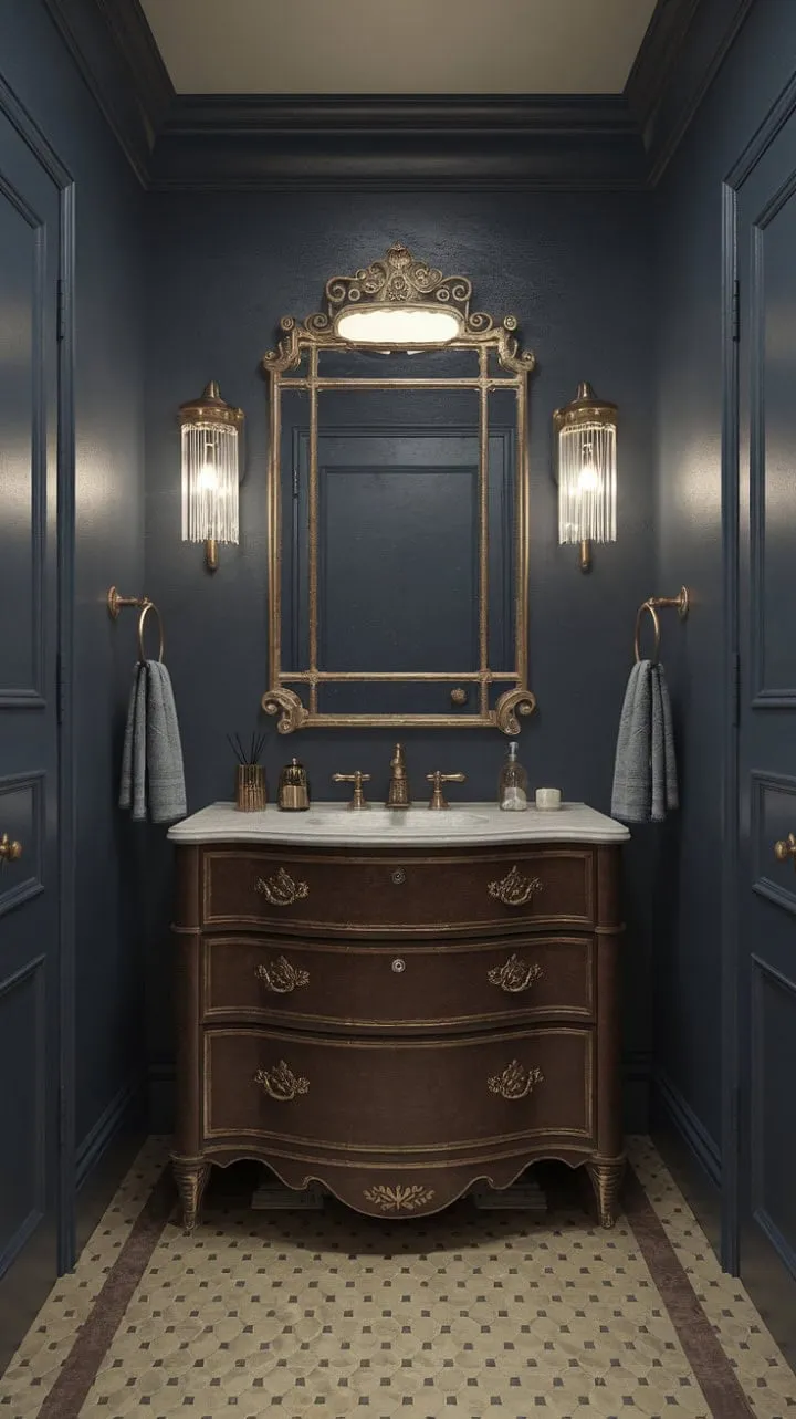 Step into a Victorian-inspired powder room where warm brass and dramatic decor create an enchanting atmosphere of luxurious mystery and gilded glamour.