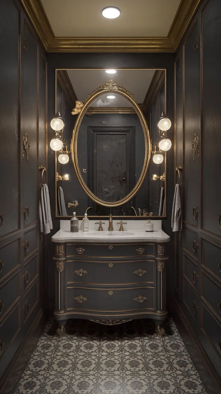 This Victorian bathroom's brass and gold details evoke a luxurious 1930s speakeasy, reminiscent of the Gilded Age.