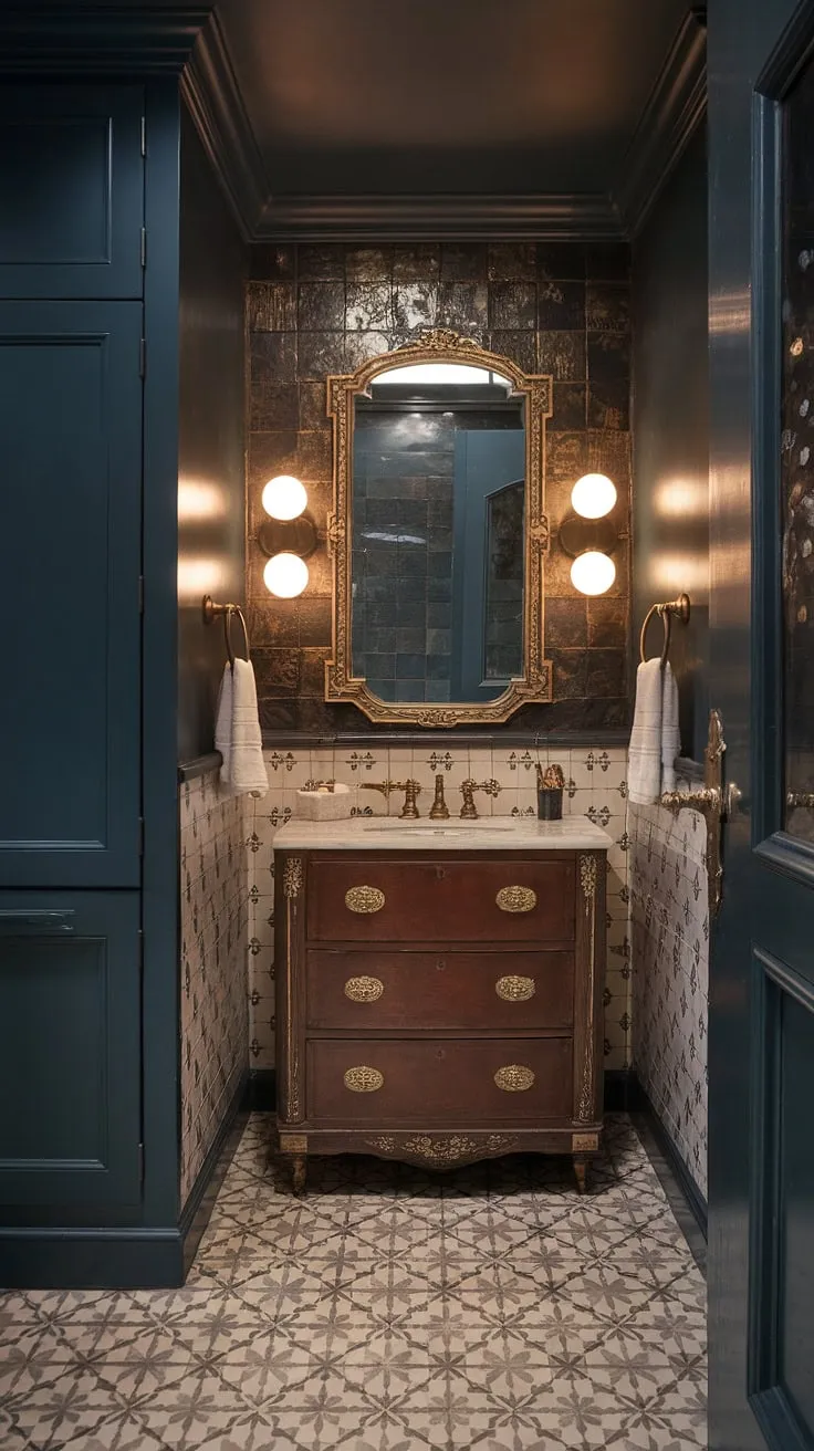 This Victorian bathroom's moody elegance blends 1930s and gilded-age aesthetics through brass, gold, patterned tiles, and vintage fixtures.