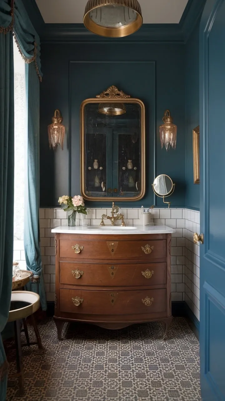 Experience the enchanting allure of a Gilded Age bathroom, where vintage 1930s elegance meets the shimmering splendor of brass fixtures.