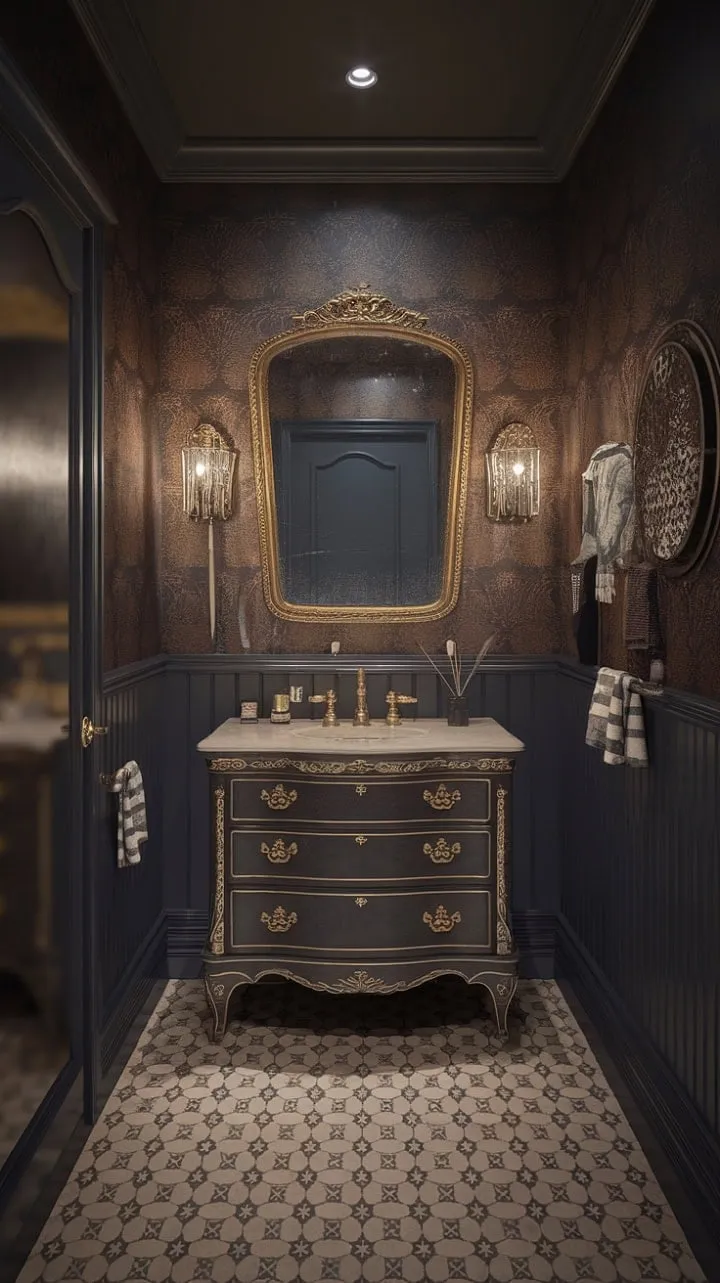 Experience a luxurious retreat in a 1930s-inspired bathroom, where gilded fixtures and vintage allure invite you to indulge in sophisticated self-care.