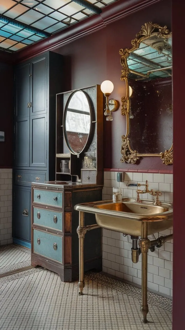 Experience the opulence of the Gilded Age in this bathroom, where brass and gold fixtures, ornate mirrors, and intricate tilework create a lavish historical masterpiece.