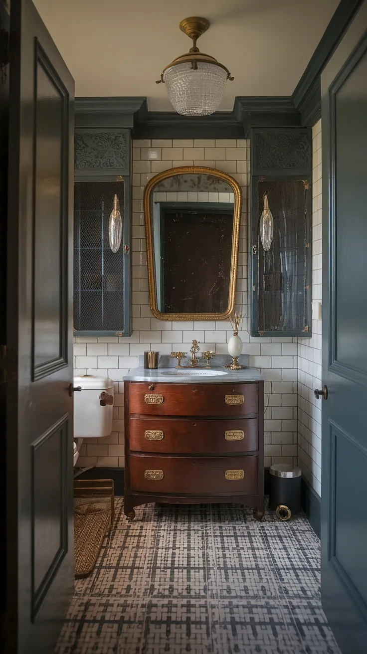 A Gilded Age speakeasy-inspired Victorian bathroom boasts vintage brass fixtures, a patterned floor, and moody cabinetry for a luxurious, old-world aesthetic.