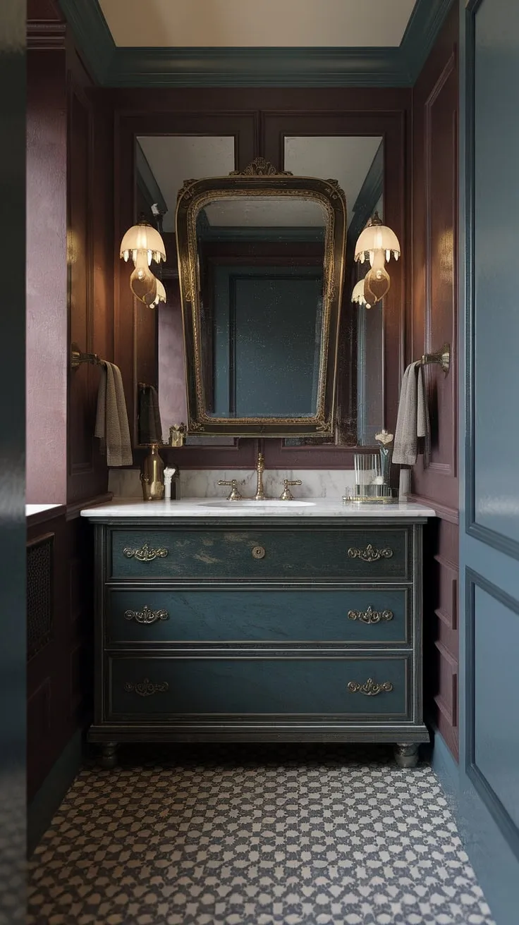 A gilded-age speakeasy-inspired Victorian bathroom boasts brass fixtures, a patterned floor, and moody cabinetry.