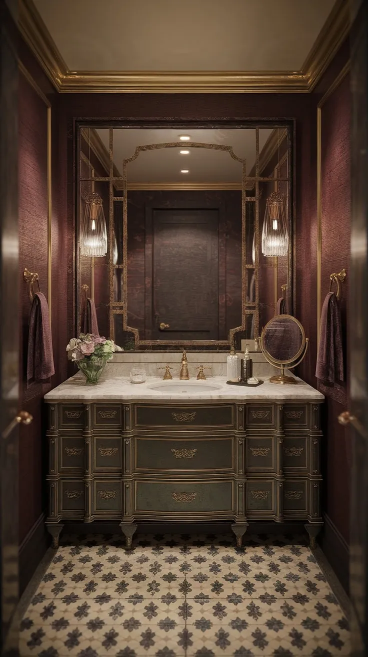 A gilded-age speakeasy bathroom evokes 1930s glamour with its brass, gold, and Victorian-inspired design