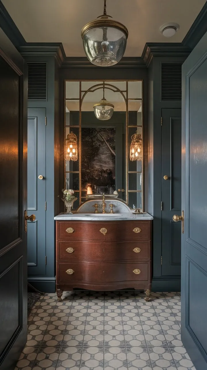 This Victorian-inspired powder room elegantly blends 1930s charm and speakeasy flair, featuring opulent brass fixtures and intricate details that evoke a luxurious artistic heritage.