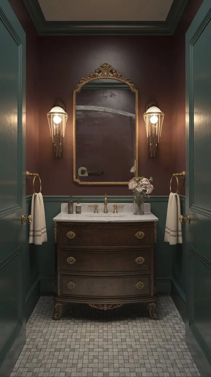 Experience a lavish escape to the Gilded Age in a bathroom adorned with opulent brass fixtures and timeless vintage allure.