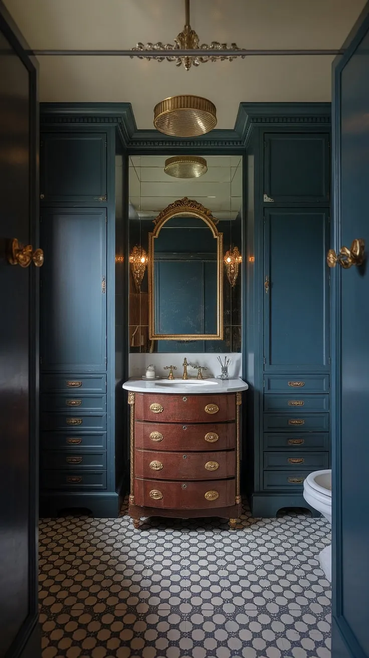 Elegant Gilded Age-inspired bathroom design features vintage fixtures and moody cabinetry