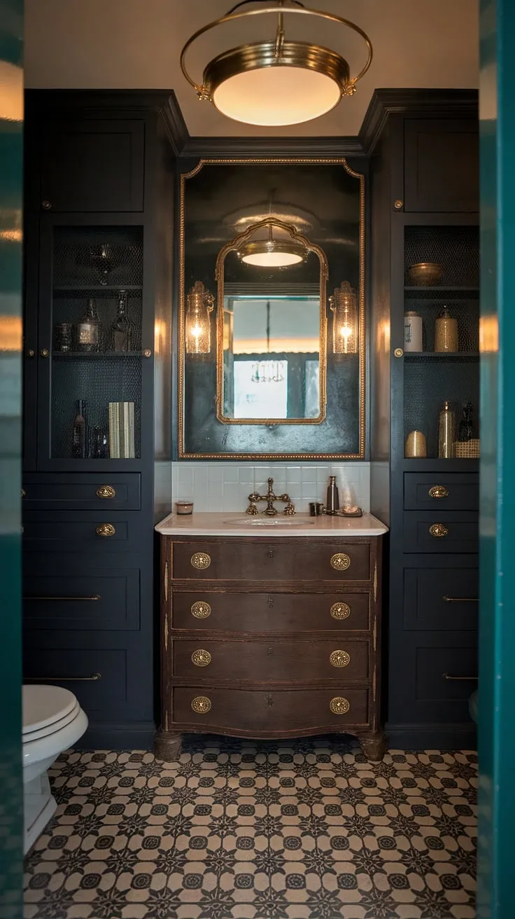 Elegant gilded-age glamour fills this vintage bathroom, showcasing a stunning blend of brass fixtures and moody cabinetry.