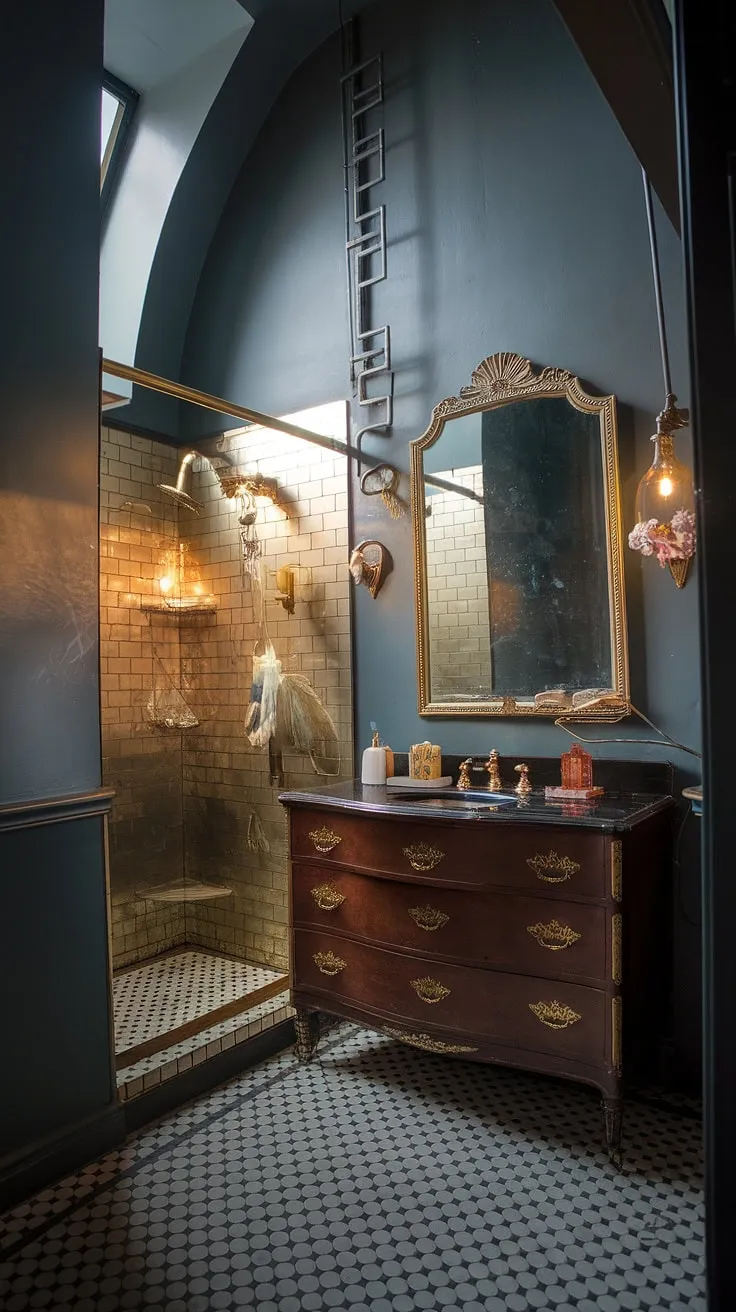 This Gilded Age-inspired speakeasy bathroom exudes vintage glamour with its high ceiling, brass and gold fixtures, patterned floor, and antique vanity.