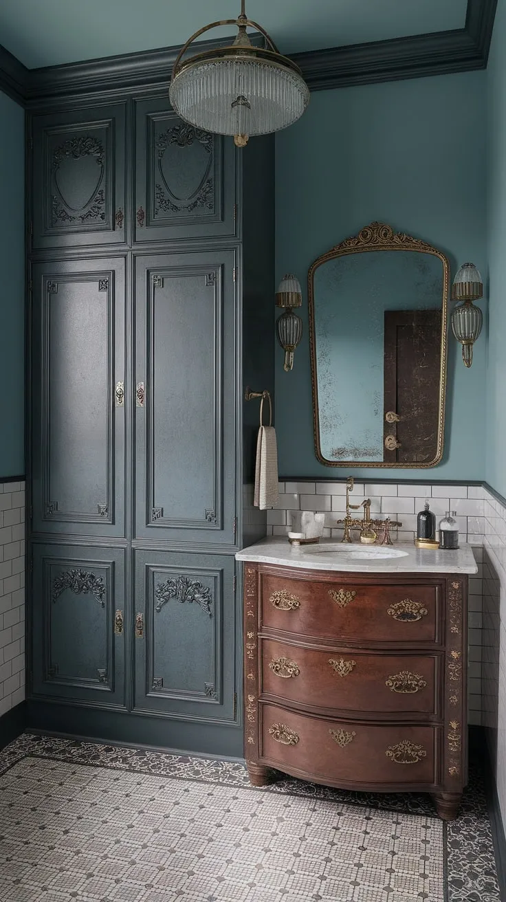 A soft blue Victorian bathroom, featuring ornate carvings, brass fixtures, and a patterned floor, evokes the mystique of a 1930s speakeasy.