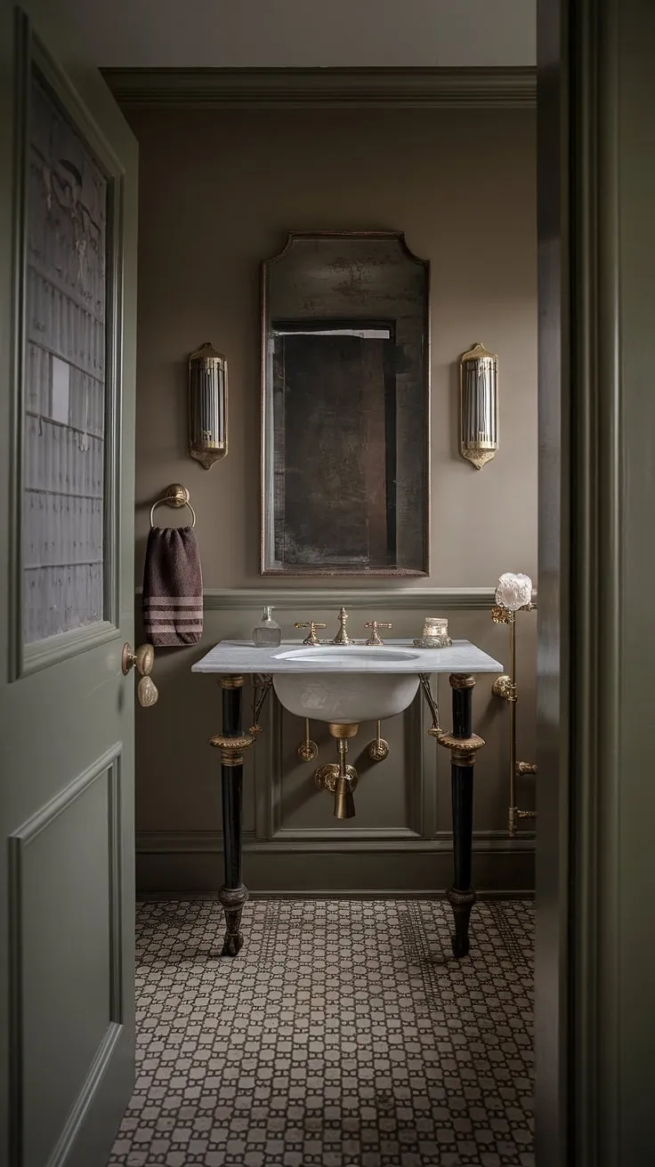 Step back in time with this moody, gilded-age bathroom, featuring Victorian elegance and 1930s charm