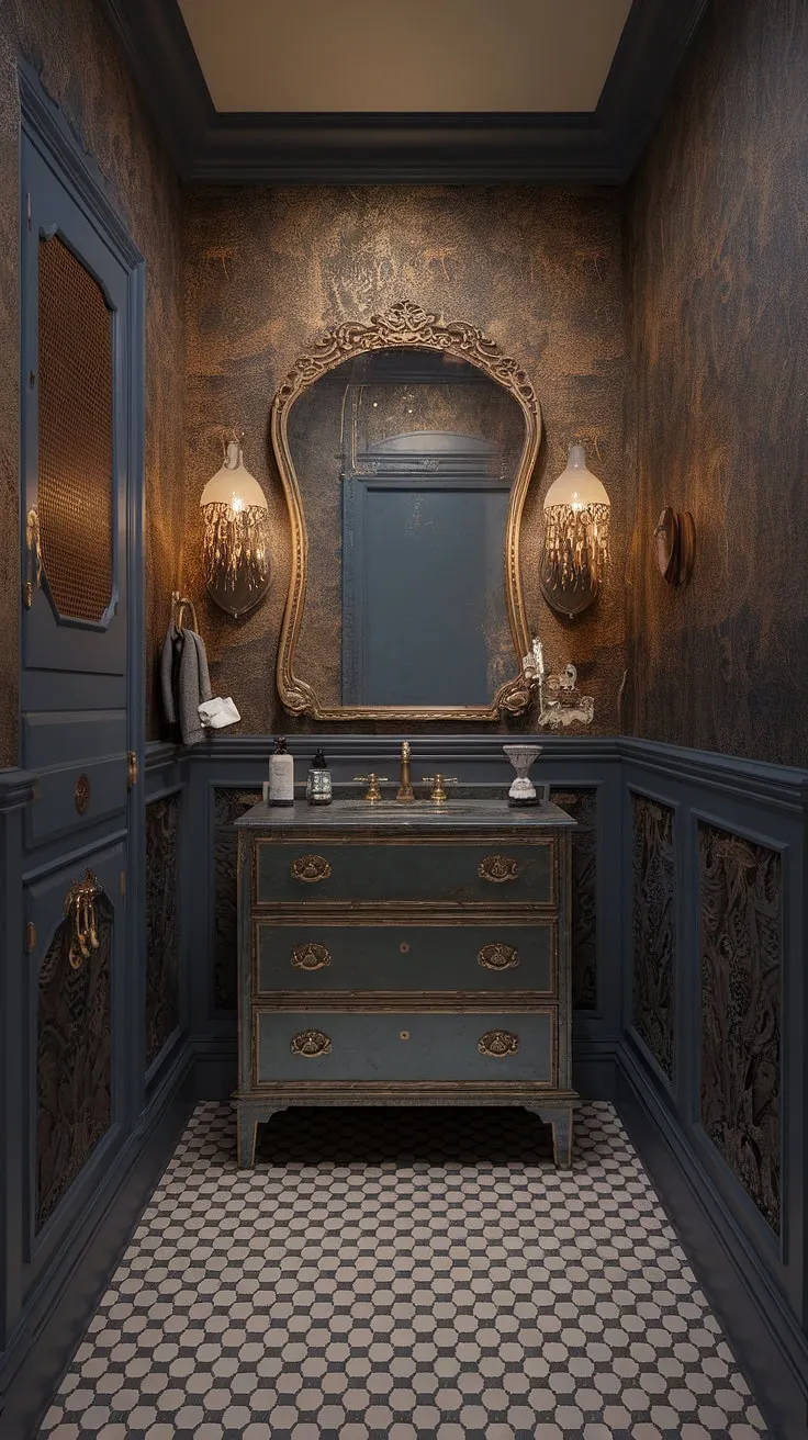 A speakeasy-inspired bathroom boasts a vintage aesthetic, showcasing ornate patterns and luxurious materials.
