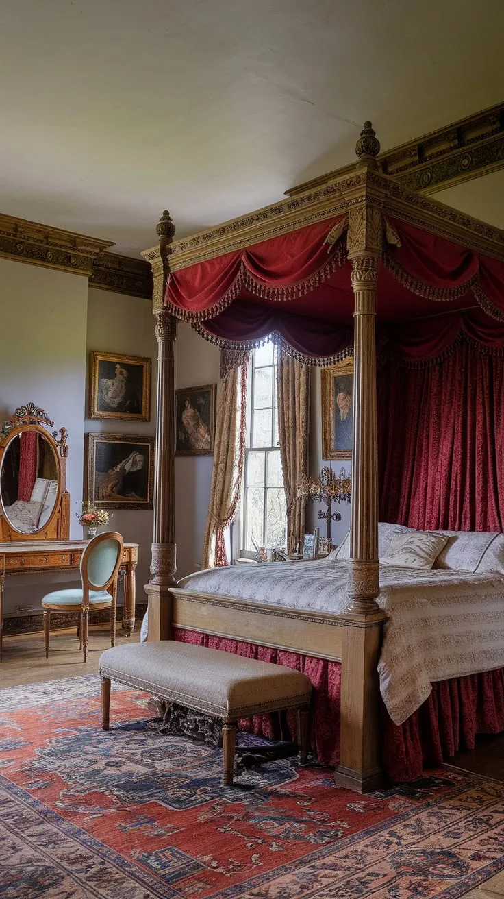Opulent Victorian furnishings and a rich red velvet four-poster bed dominate a spacious bedroom adorned with paintings and ornate details.