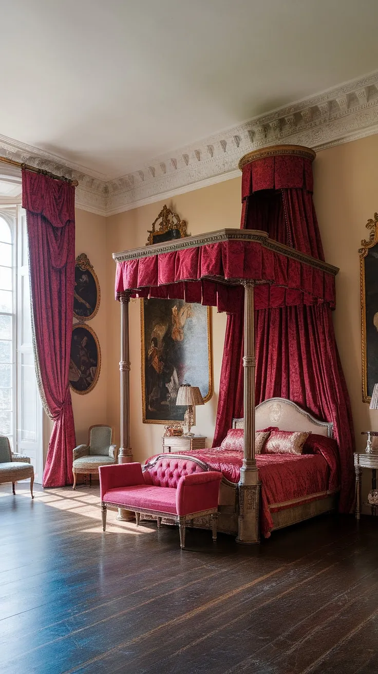 Sunlight streams into a regal Victorian bedroom, illuminating a plush red velvet four-poster bed and opulent gold accents.