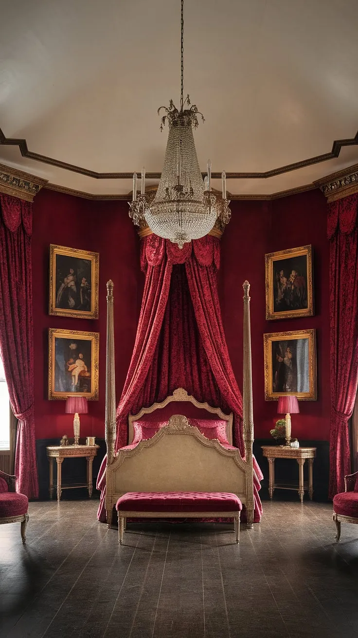 Opulent red velvet and gold accents define this grand Victorian bedroom's regal atmosphere