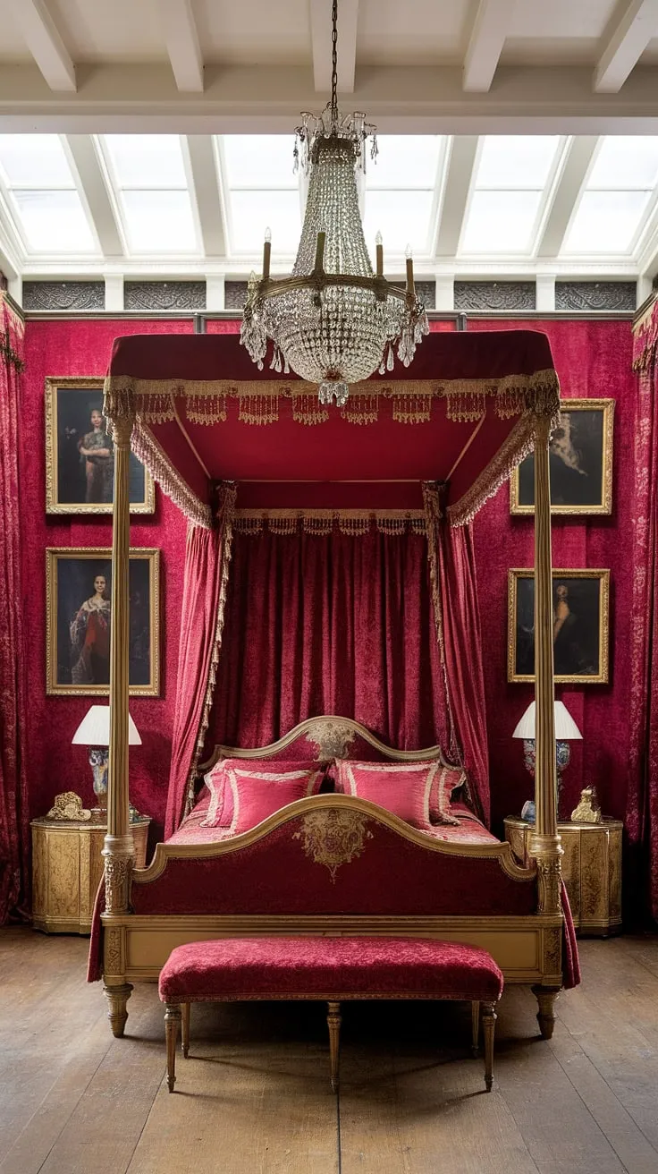 A grand Victorian bedroom bathed in sunlight showcases a luxurious four-poster bed, richly dressed in red velvet and gold.