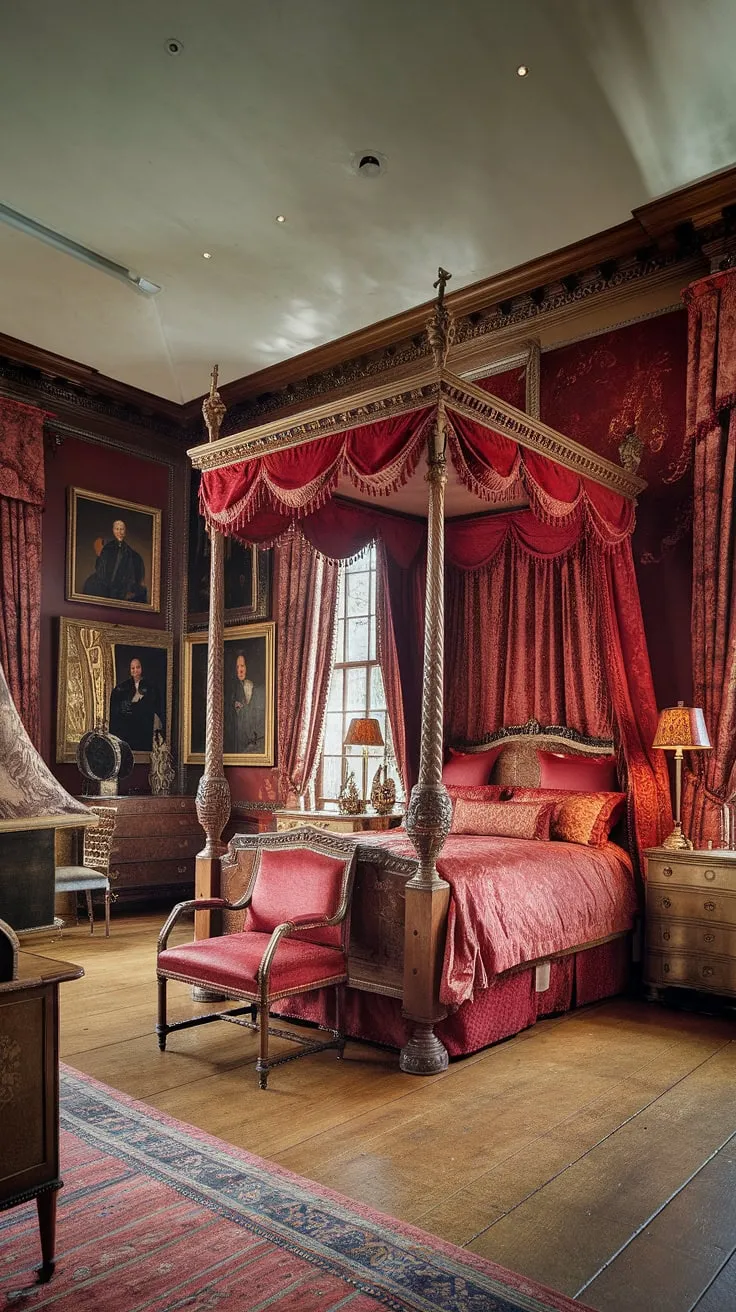 A regal Victorian bedroom, awash in rich reds and golds, boasts a four-poster bed and antique furnishings under a high ceiling.