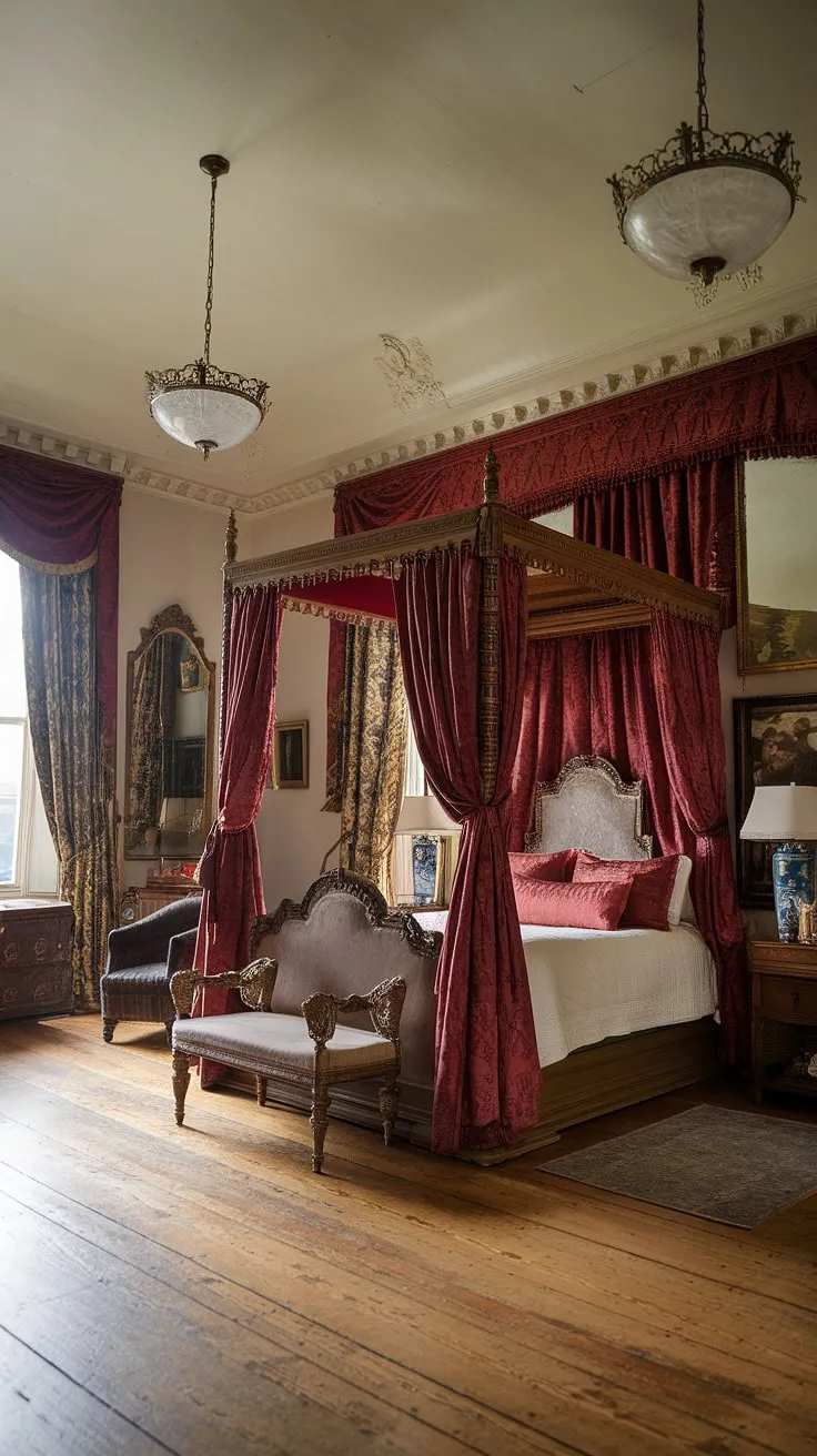 Opulent red velvet drapes adorned a grand Victorian four-poster bed in a room of high ceilings and ornate detail