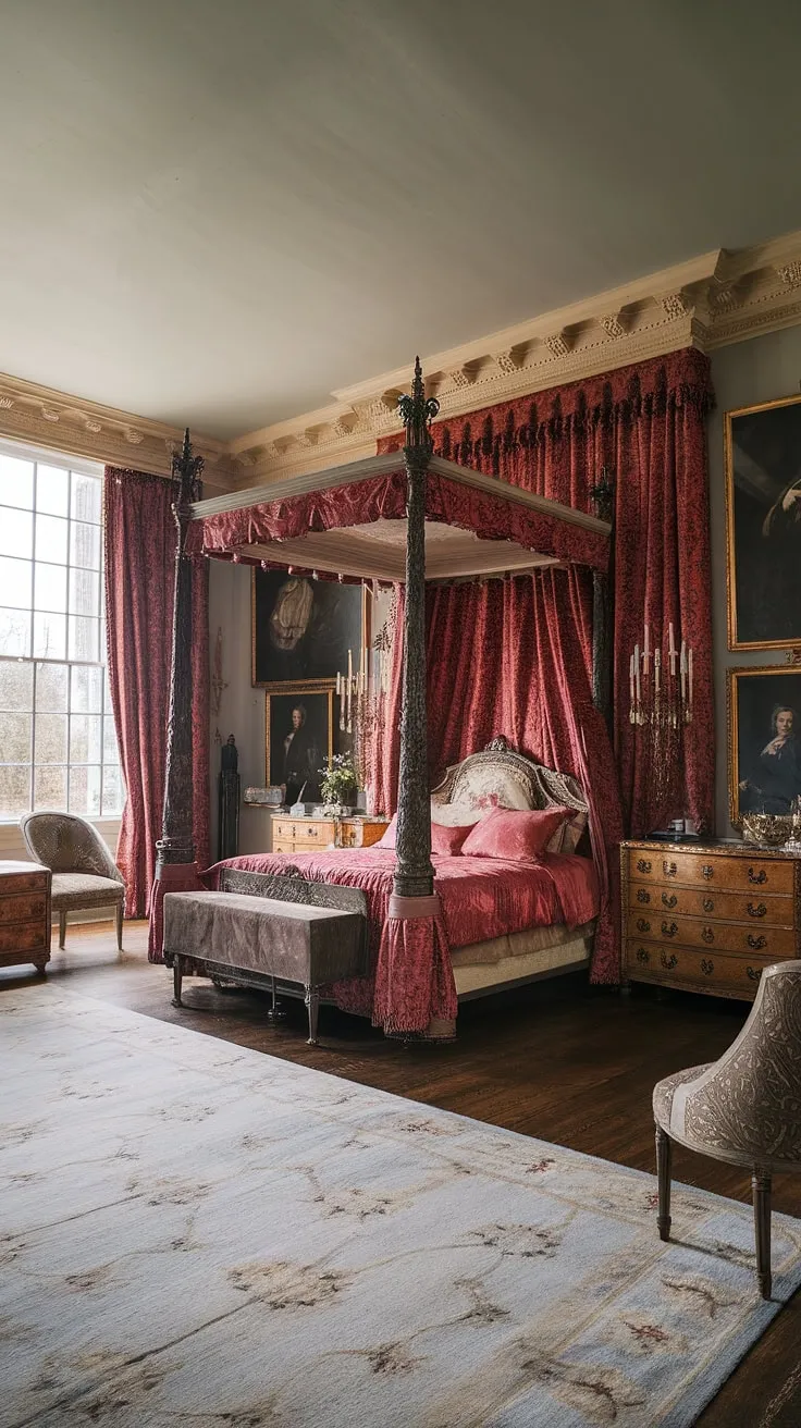 Sunlight streams into a luxurious Victorian bedroom, illuminating a plush red velvet four-poster bed and opulent furnishings.